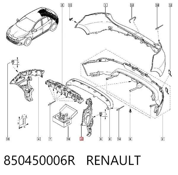 Soporte de parachoques trasero izquierdo 850450006R Renault (RVI)