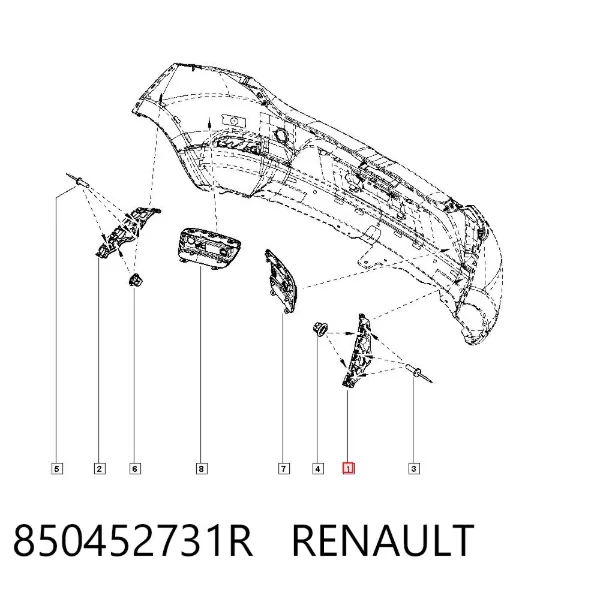 Soporte de parachoques trasero izquierdo 850452731R Renault (RVI)