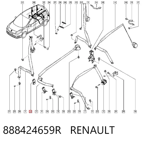 Palanca de fijación del cinturón de seguridad trasero derecho 888424659R Renault (RVI)