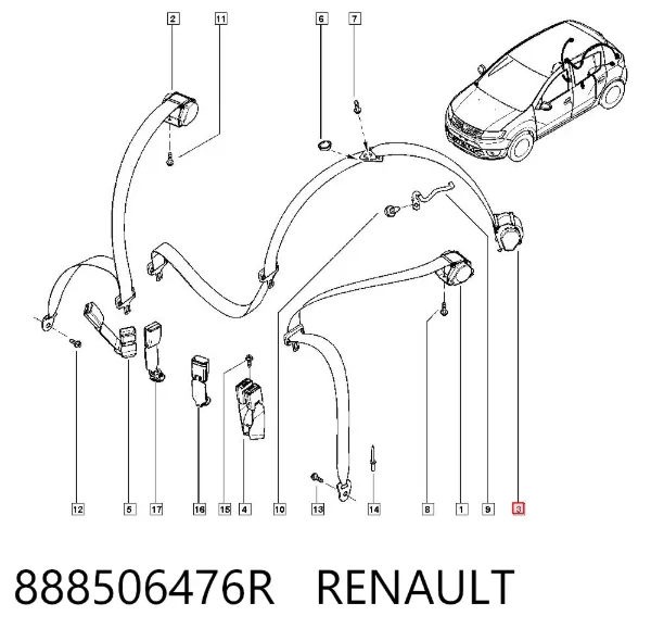 Cinturón de seguridad trasero central 888506476R Renault (RVI)