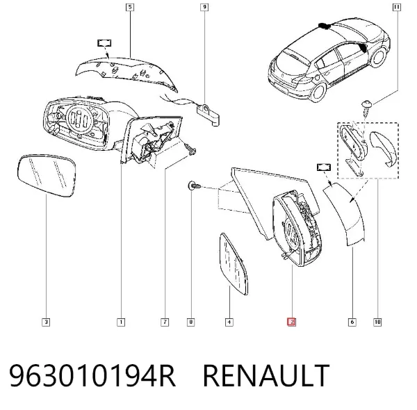 Espejo de retrovisor derecho 963010194R Renault (RVI)