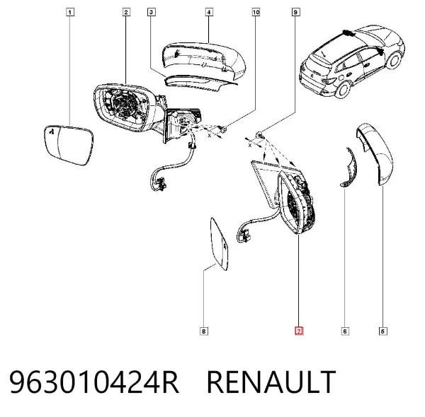 Espejo de retrovisor derecho 963010424R Renault (RVI)