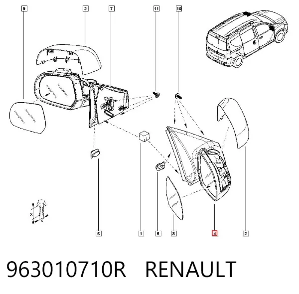 Espejo de retrovisor derecho 963010710R Renault (RVI)