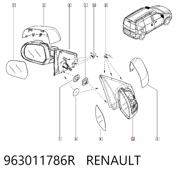 Espejo de retrovisor derecho 963011786R Renault (RVI)