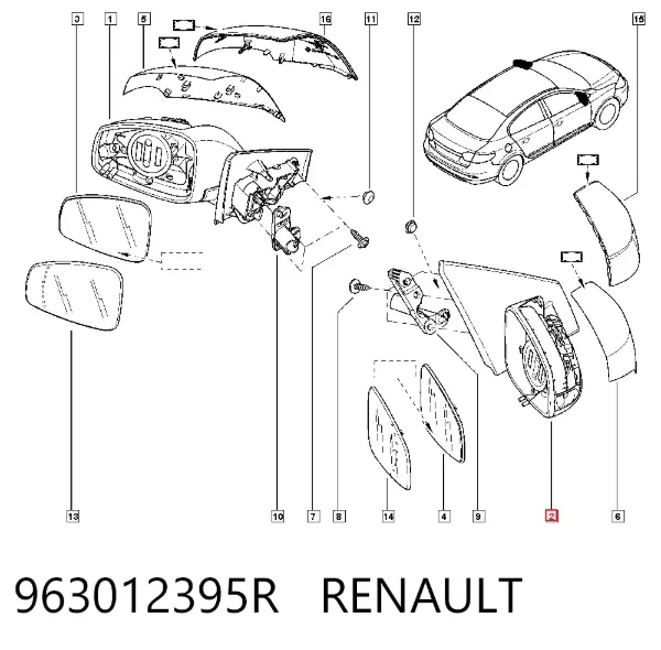 Espejo de retrovisor derecho 963012395R Renault (RVI)