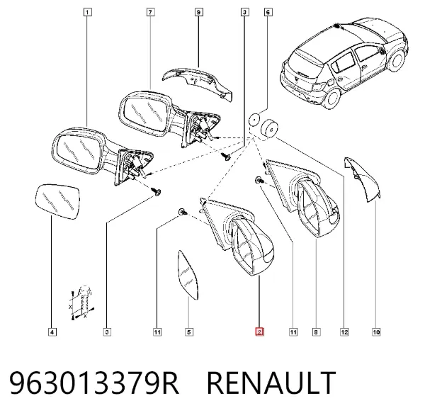 Espejo de retrovisor derecho 963013379R Renault (RVI)