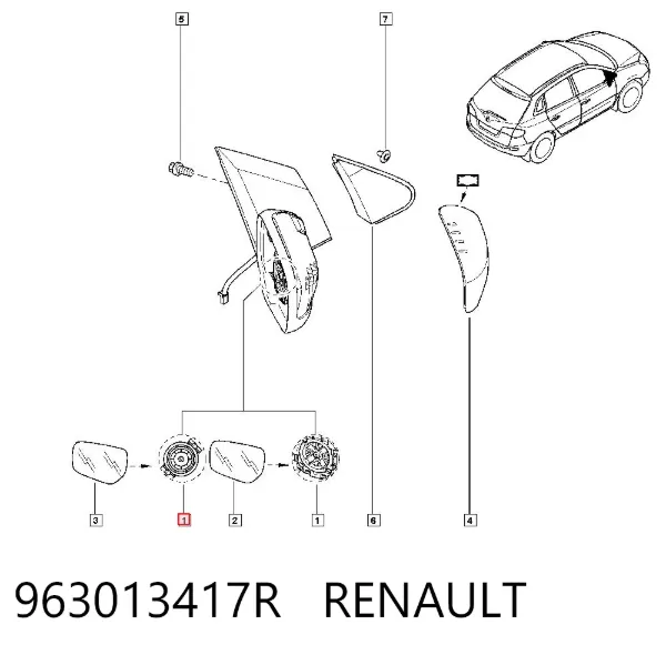 Espejo de retrovisor derecho 963013417R Renault (RVI)
