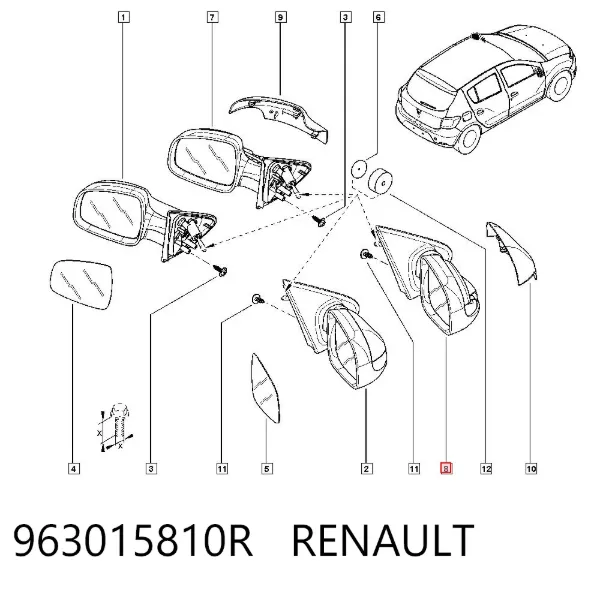 Espejo de retrovisor derecho 963015810R Renault (RVI)