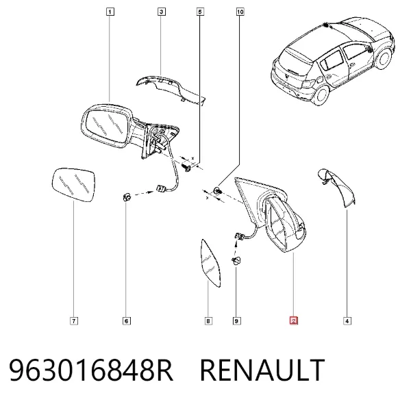 Espejo de retrovisor derecho 963016848R Renault (RVI)