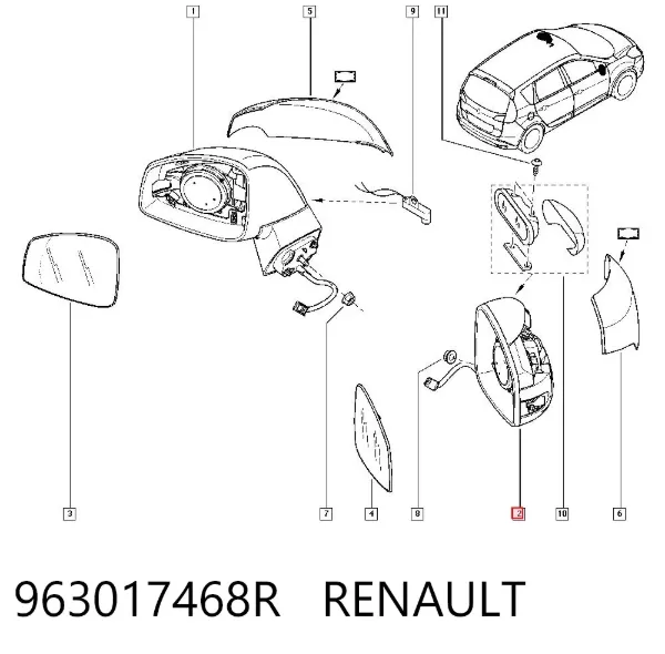 Espejo de retrovisor derecho 963017468R Renault (RVI)