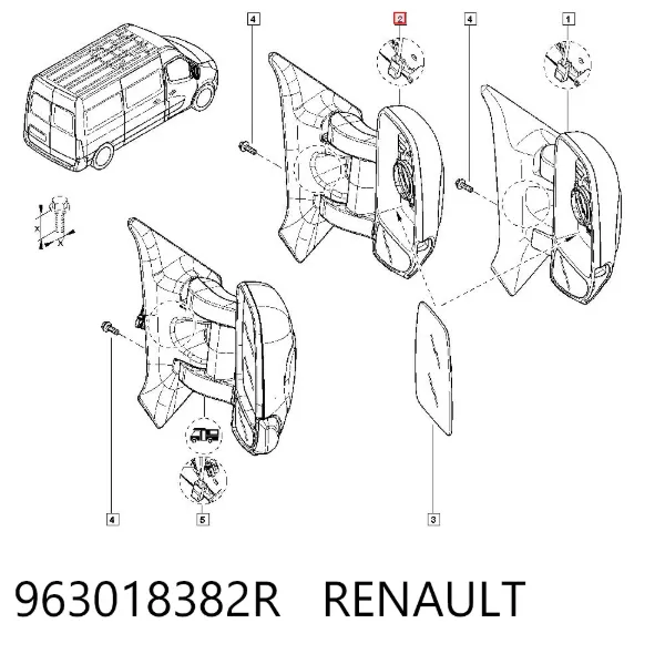 Espejo de retrovisor derecho 963018382R Renault (RVI)