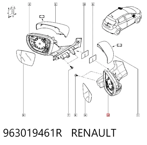 Espejo de retrovisor derecho 963019461R Renault (RVI)