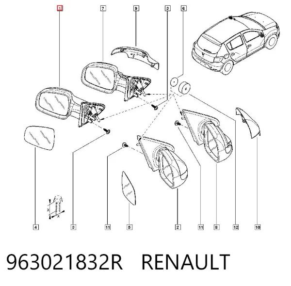 Espejo de retrovisor izquierdo 963021832R Renault (RVI)