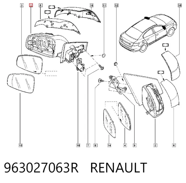 Espejo de retrovisor izquierdo 963027063R Renault (RVI)