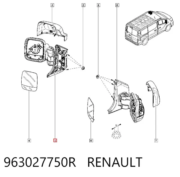 Espejo de retrovisor izquierdo 963027750R Renault (RVI)