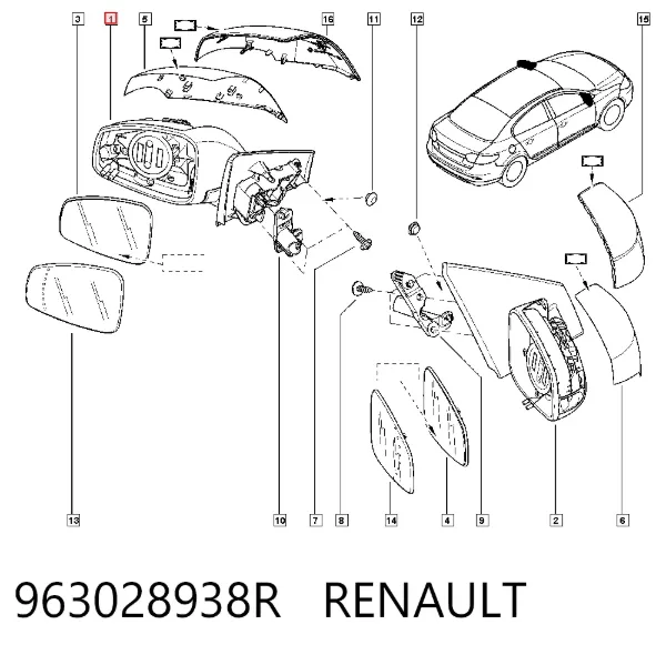 Espejo de retrovisor izquierdo 963028938R Renault (RVI)