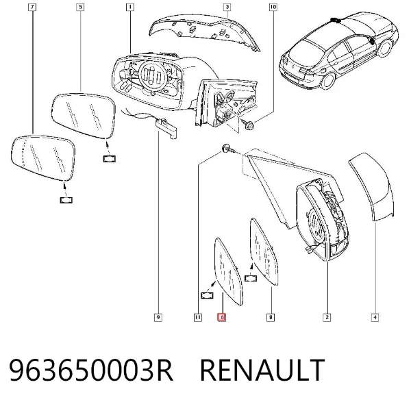 Cristal de espejo retrovisor derecho 963650003R Renault (RVI)