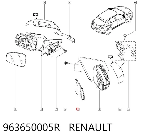 Cristal de espejo retrovisor derecho 963650005R Renault (RVI)