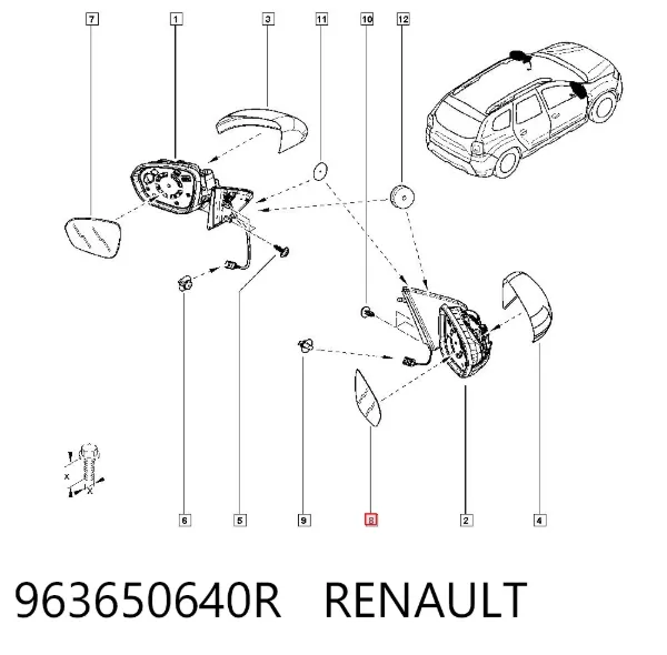 Cristal de espejo retrovisor derecho 963650640R Renault (RVI)