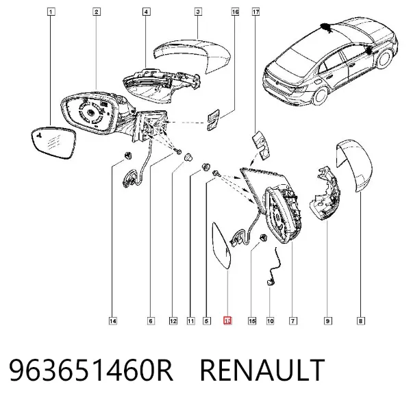 Cristal de espejo retrovisor derecho 963651460R Renault (RVI)
