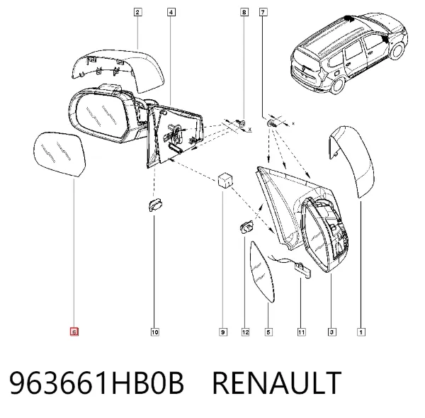Cristal de espejo retrovisor exterior izquierdo 963661HB0B Renault (RVI)