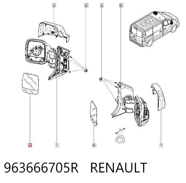 Cristal de espejo retrovisor exterior izquierdo 963666705R Renault (RVI)