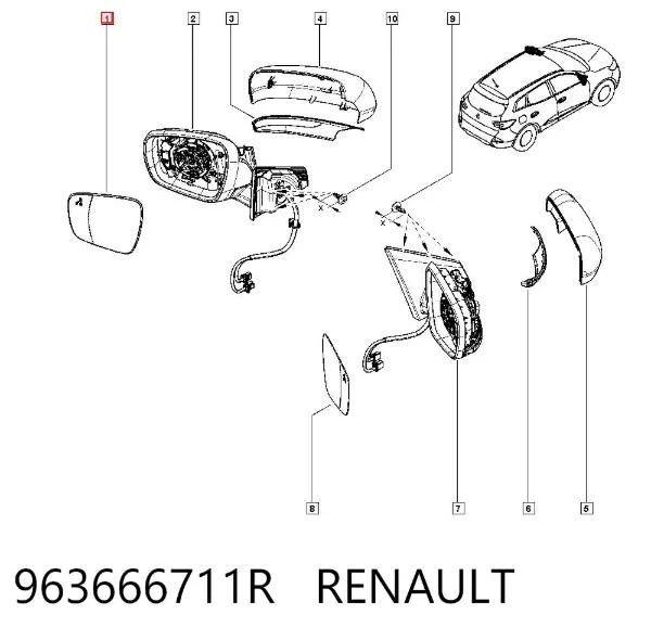 Cristal de espejo retrovisor exterior izquierdo 963666711R Renault (RVI)