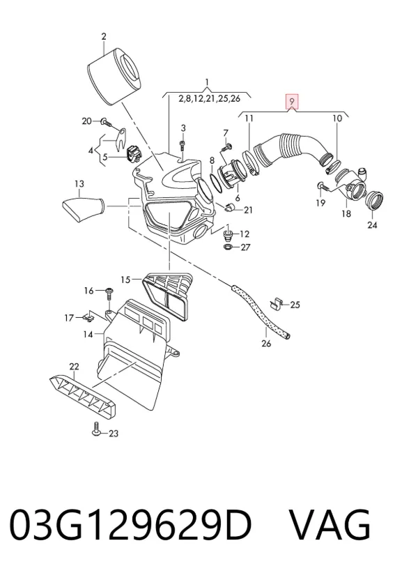 Tubo de admisión de aire al turbocompresor 03G129629D VAG