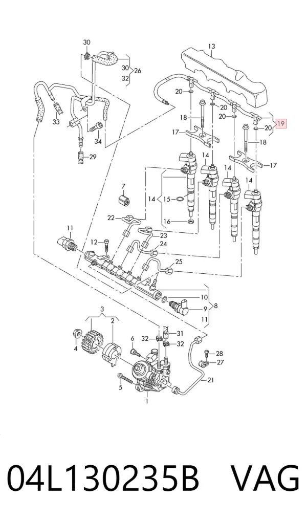Tubería de retorno de combustible de los inyectores 04L130235B VAG