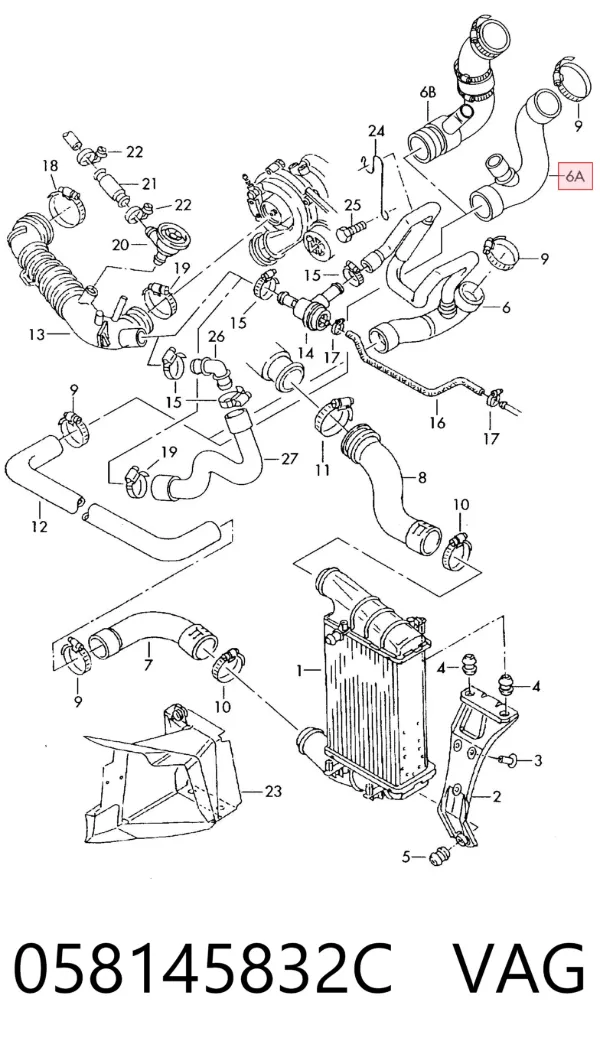 Tubo de salida de aire del turbocompresor 058145832C VAG