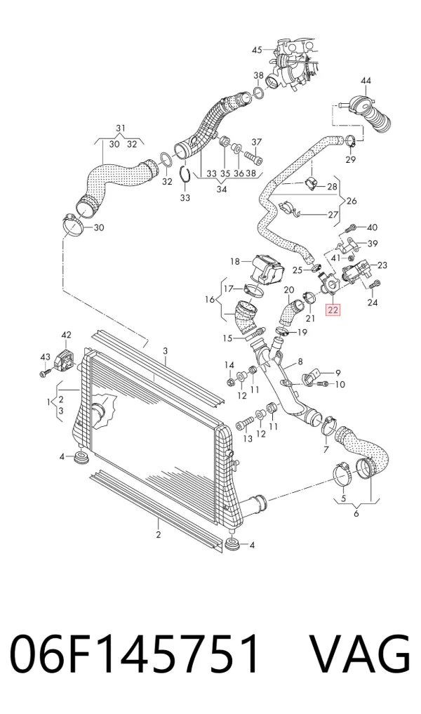 Brida del sistema de refrigeración (triple unión) 06F145751 VAG