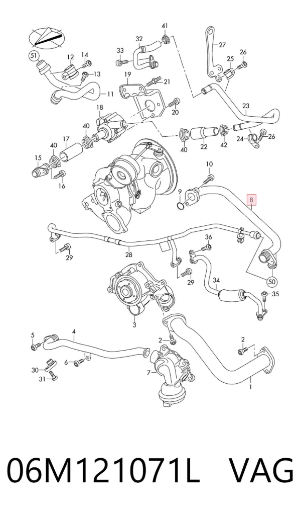Manguera de refrigerante del turbocompresor, entrada 06M121071L VAG