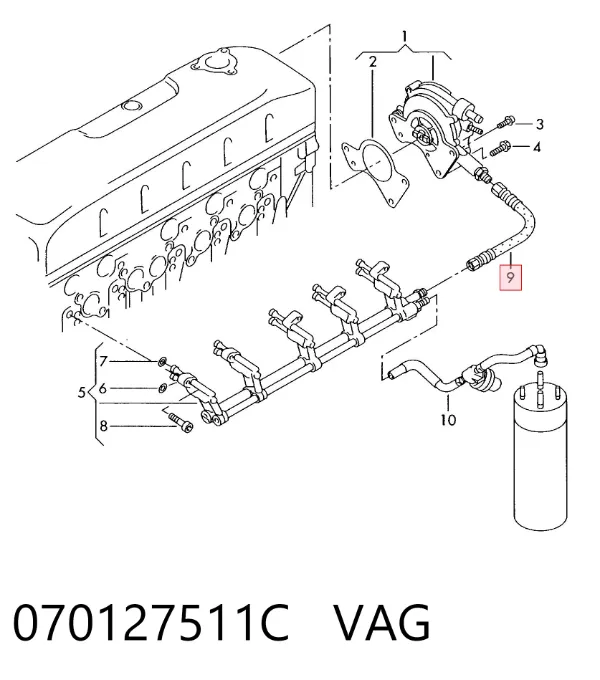 Tubo de combustible de la bomba de alta presión al riel de combustible 070127511C VAG