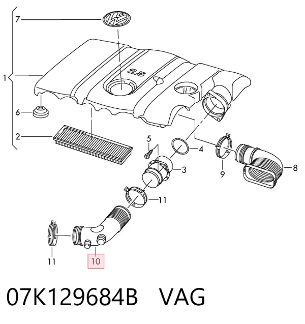 Manguito de aire del medidor de masa de aire 07K129684B VAG