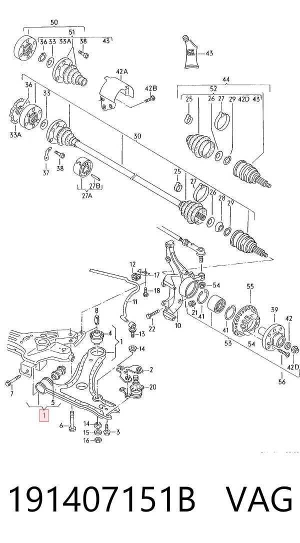 Brazo inferior izquierdo/derecho de suspensión delantera 191407151B VAG