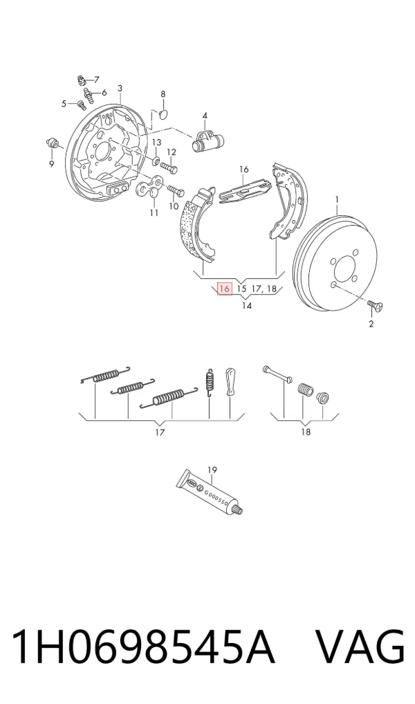 Kit de montaje de zapatas de freno traseras 1H0698545A VAG