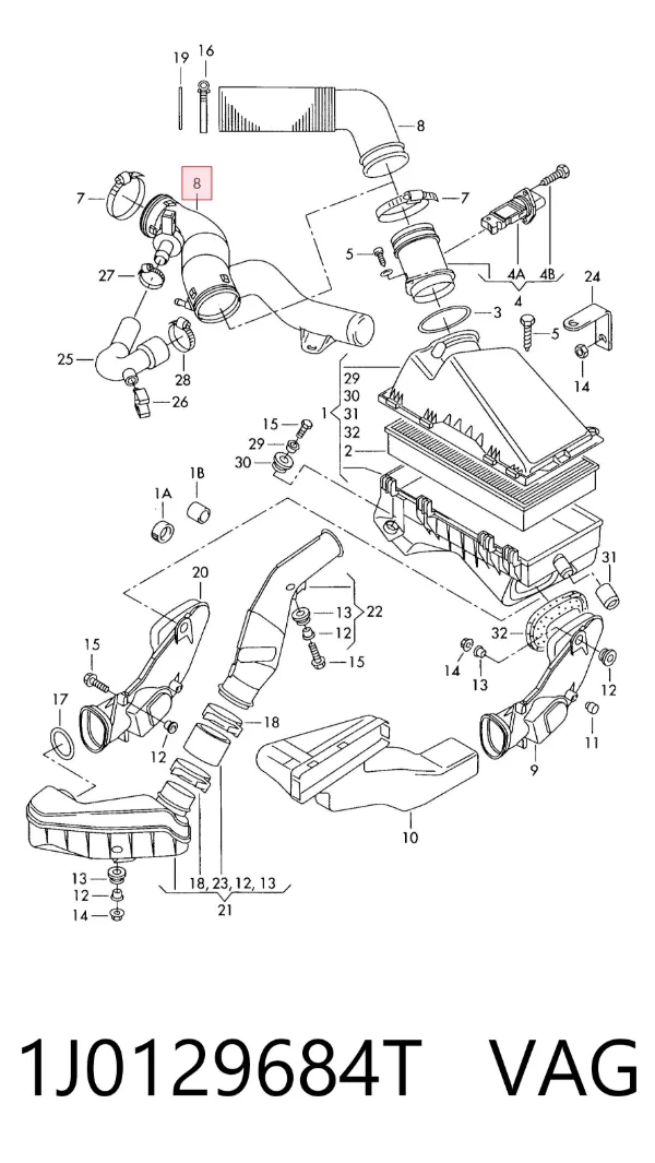 Manguito de aire del medidor de masa de aire 1J0129684T VAG