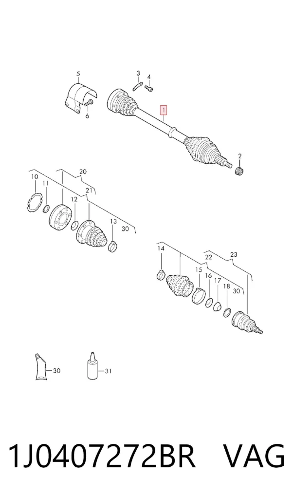Semieje delantero derecho 1J0407272BR VAG