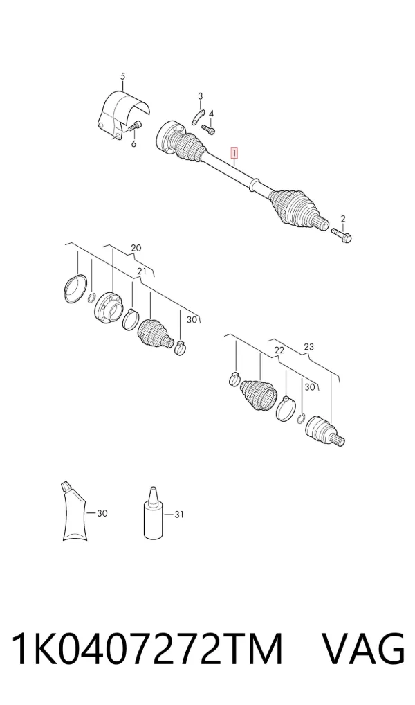 Semieje delantero derecho 1K0407272TM VAG
