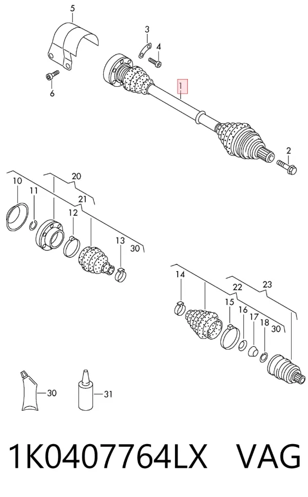 Semieje delantero derecho 1K0407764LX VAG