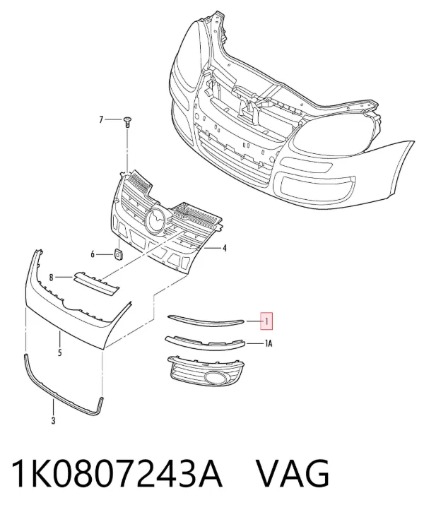 Moldura de parachoques delantera izquierda 1K0807243A VAG