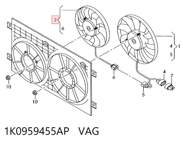 Ventilador de refrigeración completo derecho (motor y hélice) 1K0959455AP VAG