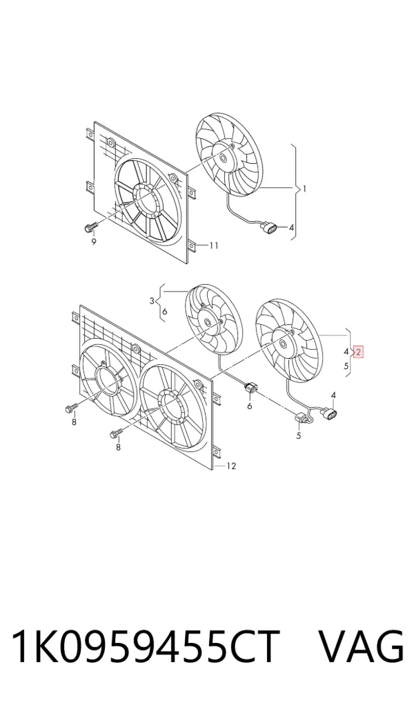 Ventilador de refrigeración completo derecho (motor y hélice) 1K0959455CT VAG