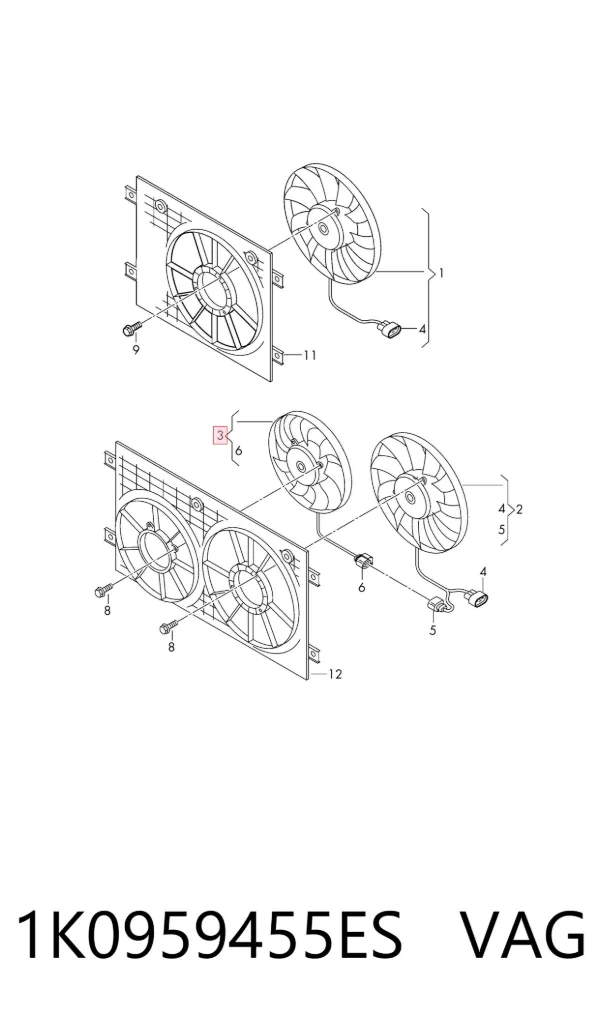 Ventilador de refrigeración completo derecho (motor y hélice) 1K0959455ES VAG