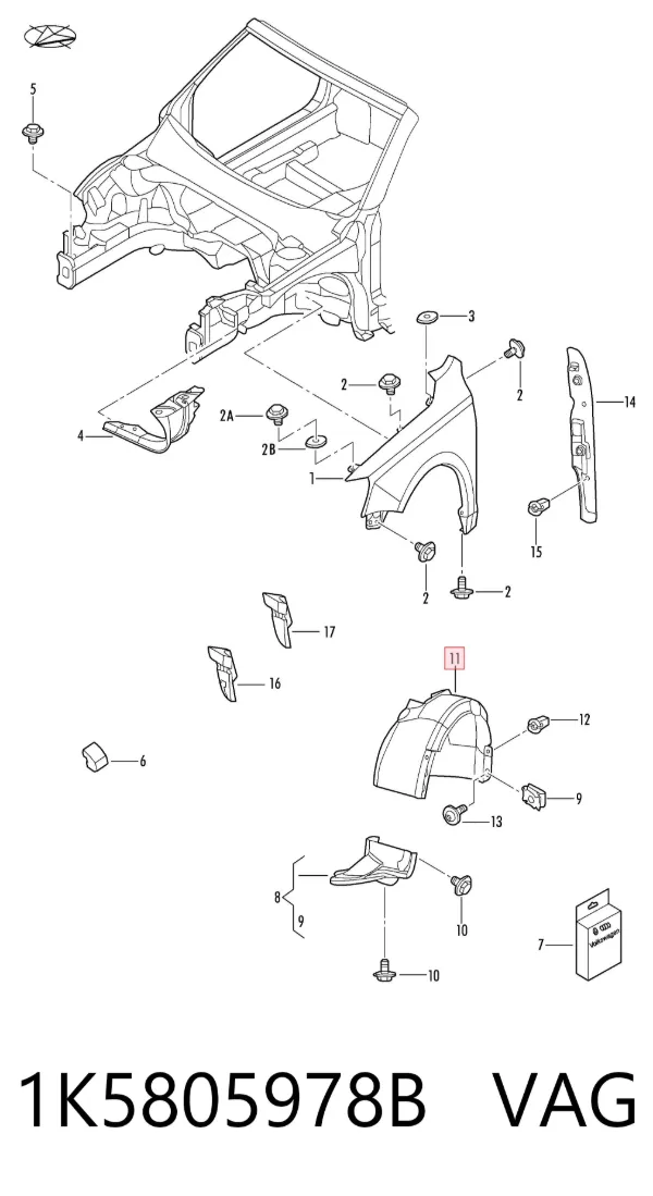Guardabarros interior trasero derecho del guardafango delantero 1K5805978B VAG