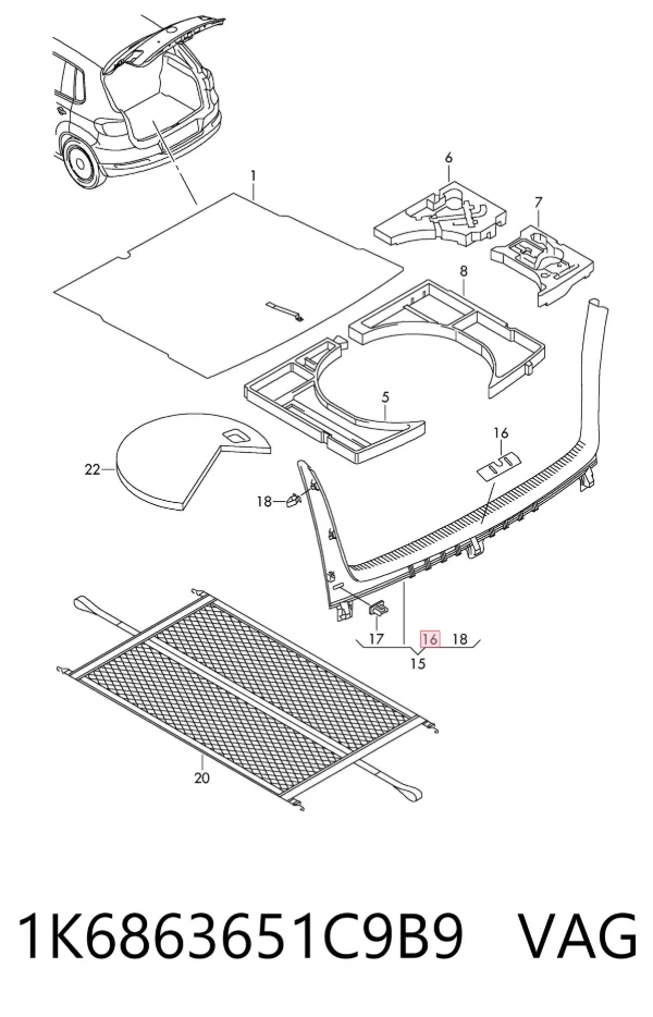 Revestimiento de panel trasero del maletero 1K6863651C9B9 VAG
