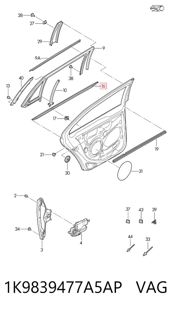 Sellador exterior de vidrio de puerta trasera izquierda 1K9839477A5AP VAG