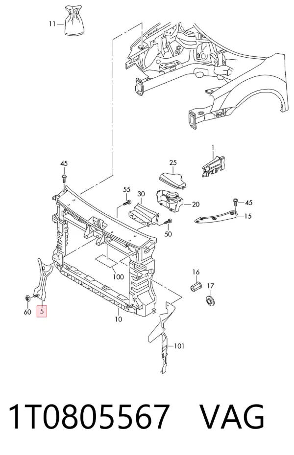 Soporte vertical del radiador (panel de montaje de faros) 1T0805567 VAG