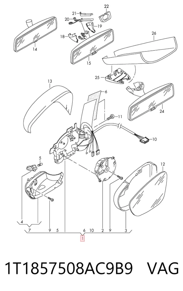 Espejo de retrovisor derecho 1T1857508AC9B9 VAG
