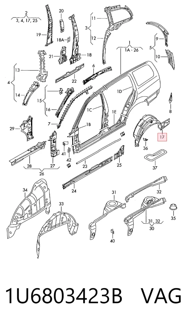 Arco de guardabarros trasero derecho 1U6803423B VAG